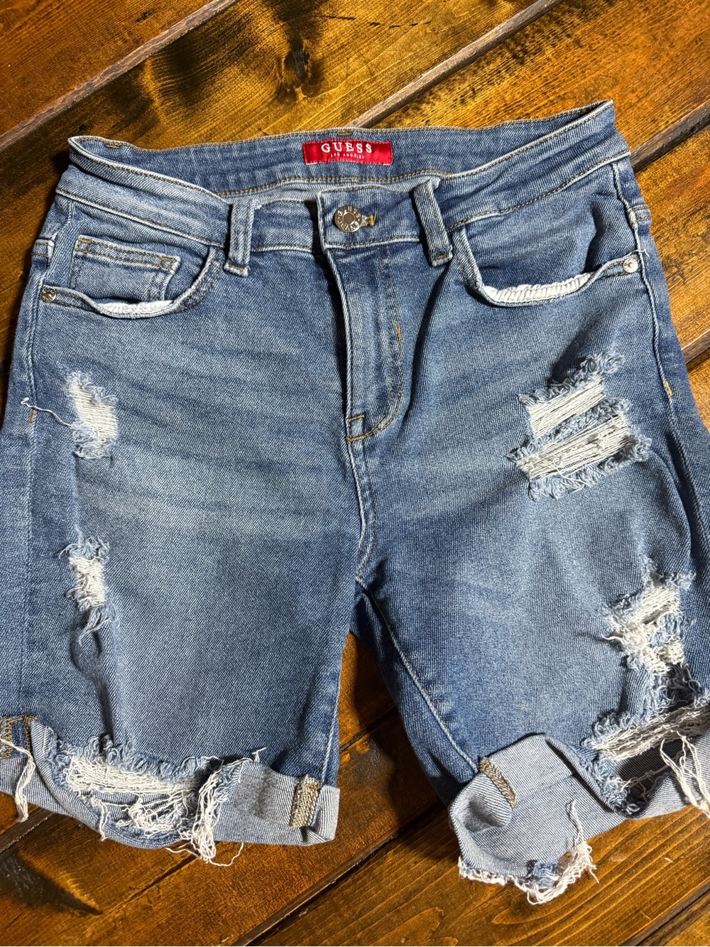 GUESS Distressed Light Blue Denim Shorts with Rolled Cuffs